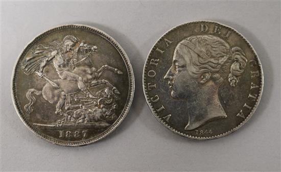 A young head Victorian silver coin, 1884 and an 1887 crown